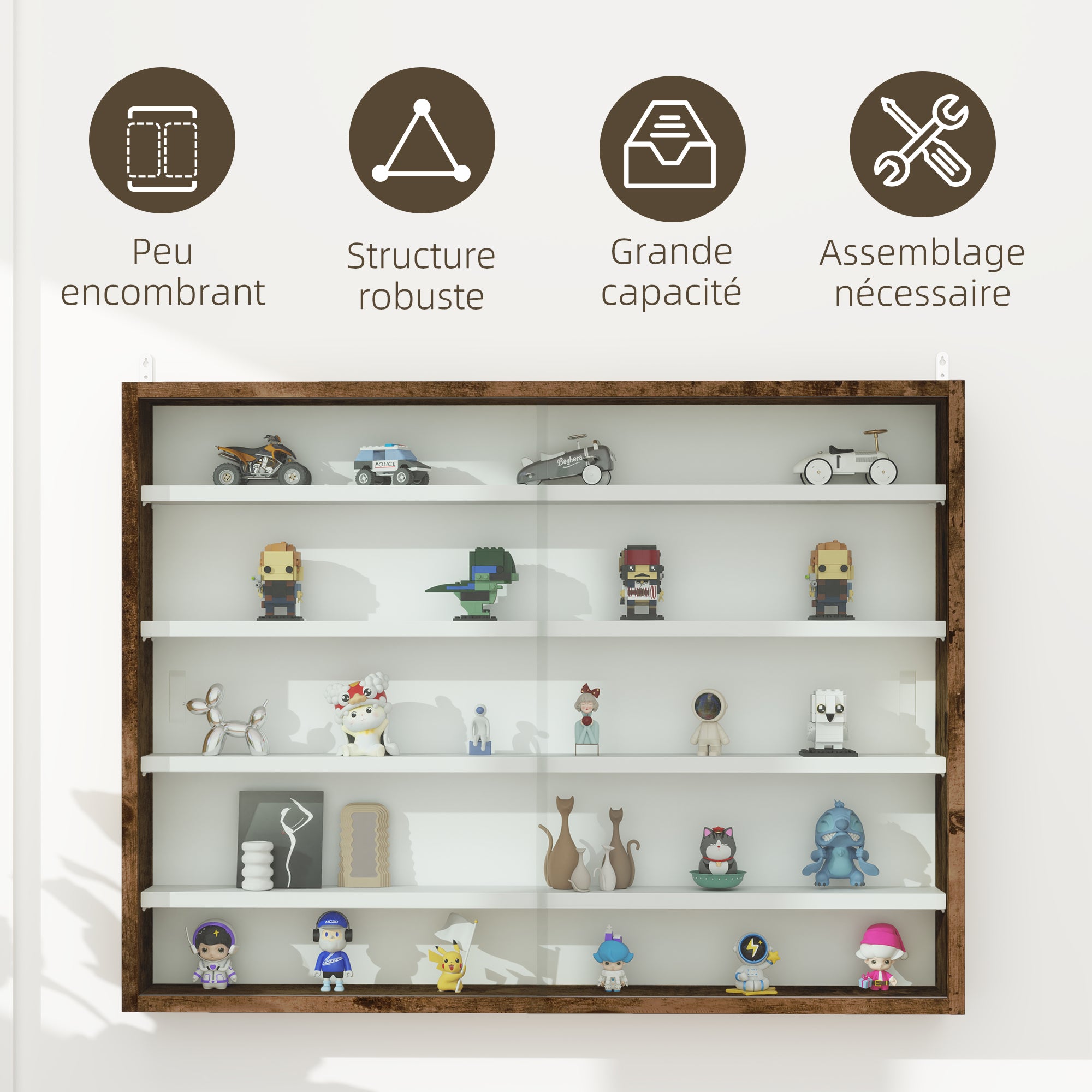 Collection Showcase Wall Cabinet 80 x 9.5 x 60 cm with 4 Adjustable Height Shelves and 2 Sliding Glass Doors, for Collecting Miniatures and Miniature Cars, Brown