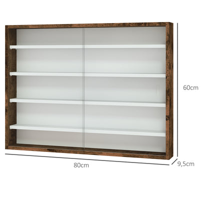 Collection Showcase Wall Cabinet 80 x 9.5 x 60 cm with 4 Adjustable Height Shelves and 2 Sliding Glass Doors, for Collecting Miniatures and Miniature Cars, Brown