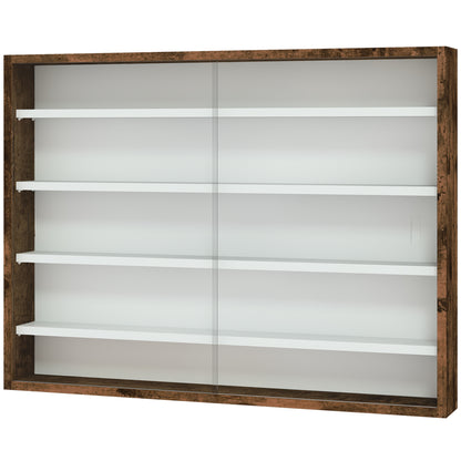 Collection Showcase Wall Cabinet 80 x 9.5 x 60 cm with 4 Adjustable Height Shelves and 2 Sliding Glass Doors, for Collecting Miniatures and Miniature Cars, Brown
