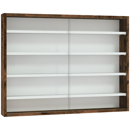 Collection Showcase Wall Cabinet 80 x 9.5 x 60 cm with 4 Adjustable Height Shelves and 2 Sliding Glass Doors, for Collecting Miniatures and Miniature Cars, Brown