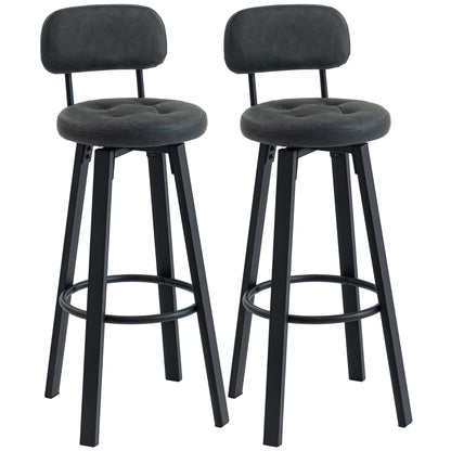 Set of 2 Swivel Bar Stools, PU Upholstery with Backrest, Metal Frame & Footrest — Dark Gray