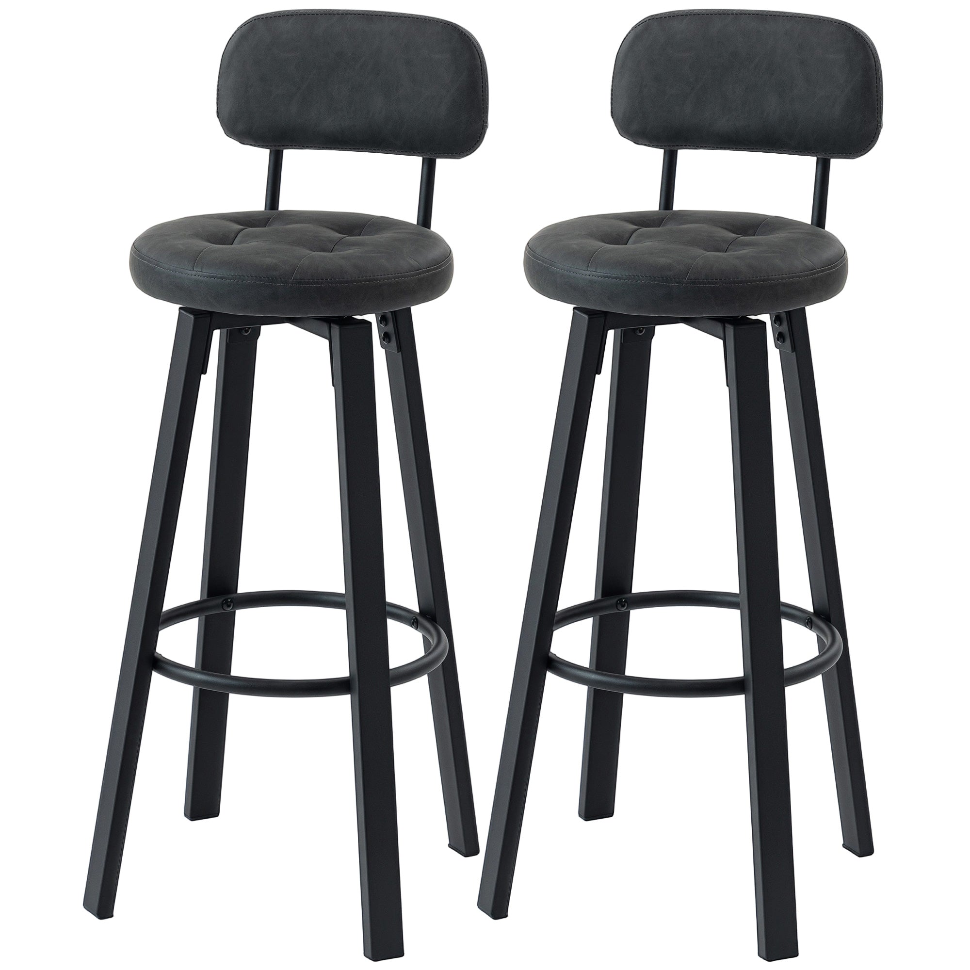 Set of 2 Swivel Bar Stools, PU Upholstery with Backrest, Metal Frame & Footrest — Dark Gray