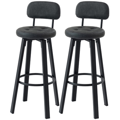Set of 2 Swivel Bar Stools, PU Upholstery with Backrest, Metal Frame & Footrest — Dark Gray