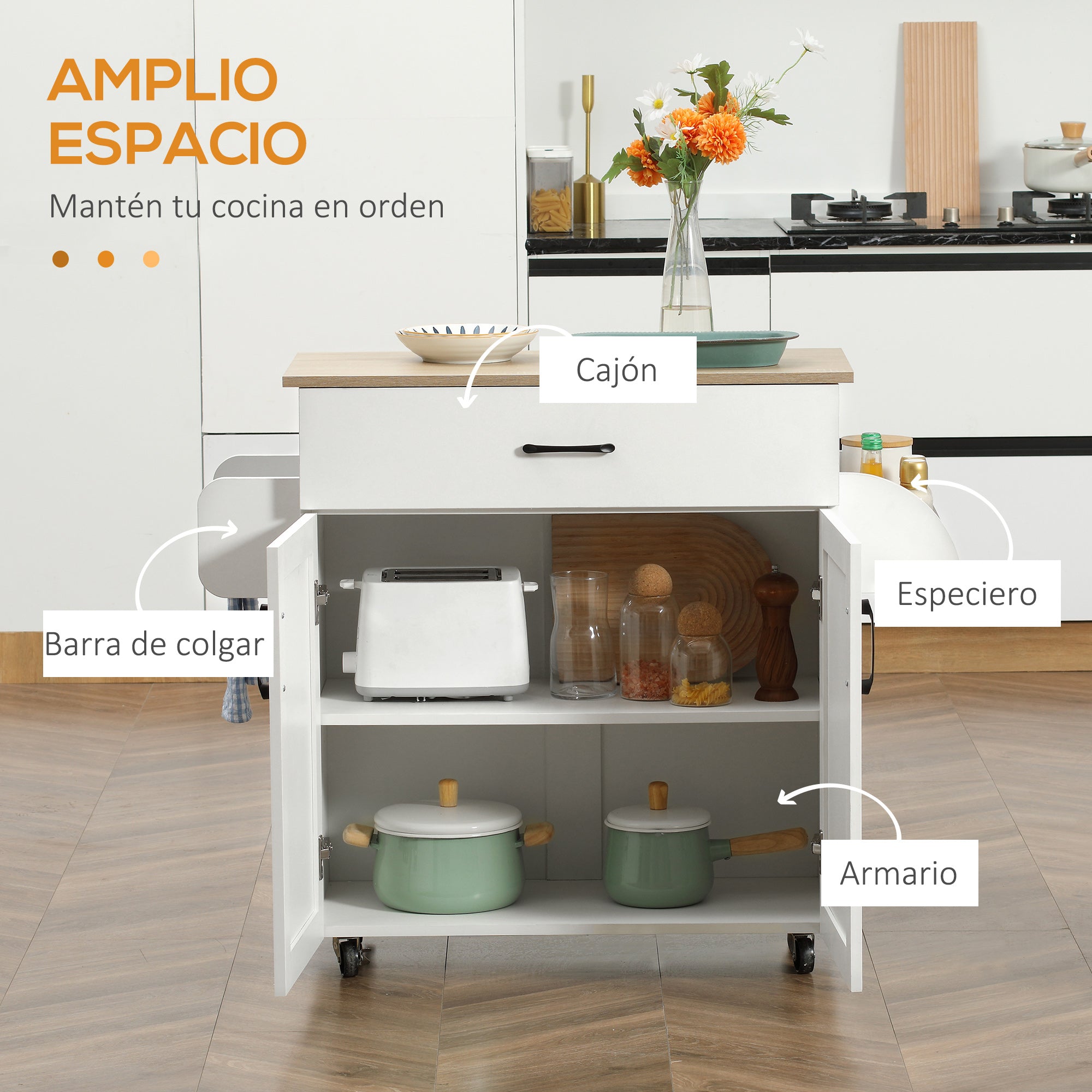 Kitchen Cart with 1 Drawer 2 Doors Towel Rail and Spice Rack Serving Trolley with Wheels for Dining Room Living Room Bar Load 80 kg 105x36x85 cm White