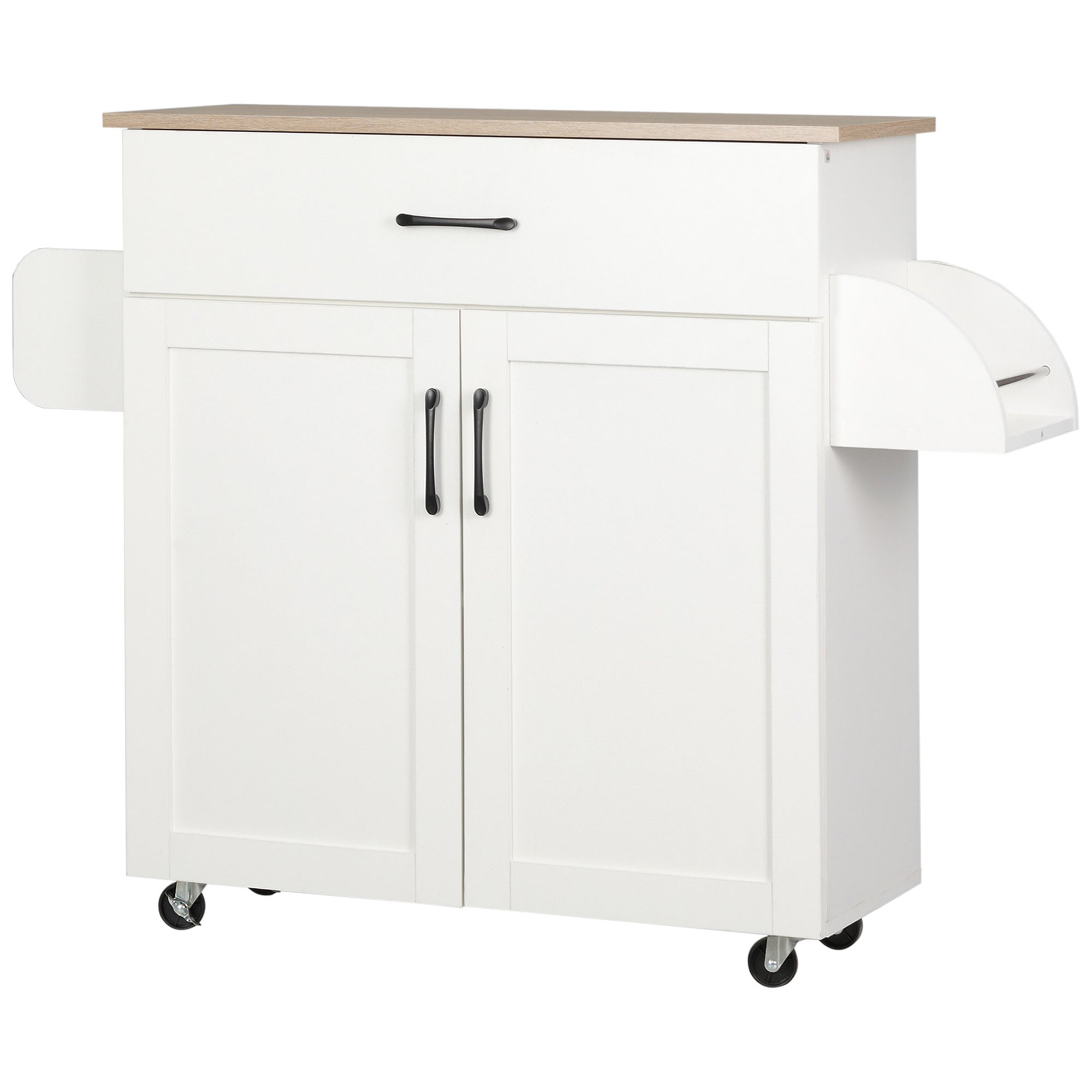 Kitchen Cart with 1 Drawer 2 Doors Towel Rail and Spice Rack Serving Trolley with Wheels for Dining Room Living Room Bar Load 80 kg 105x36x85 cm White