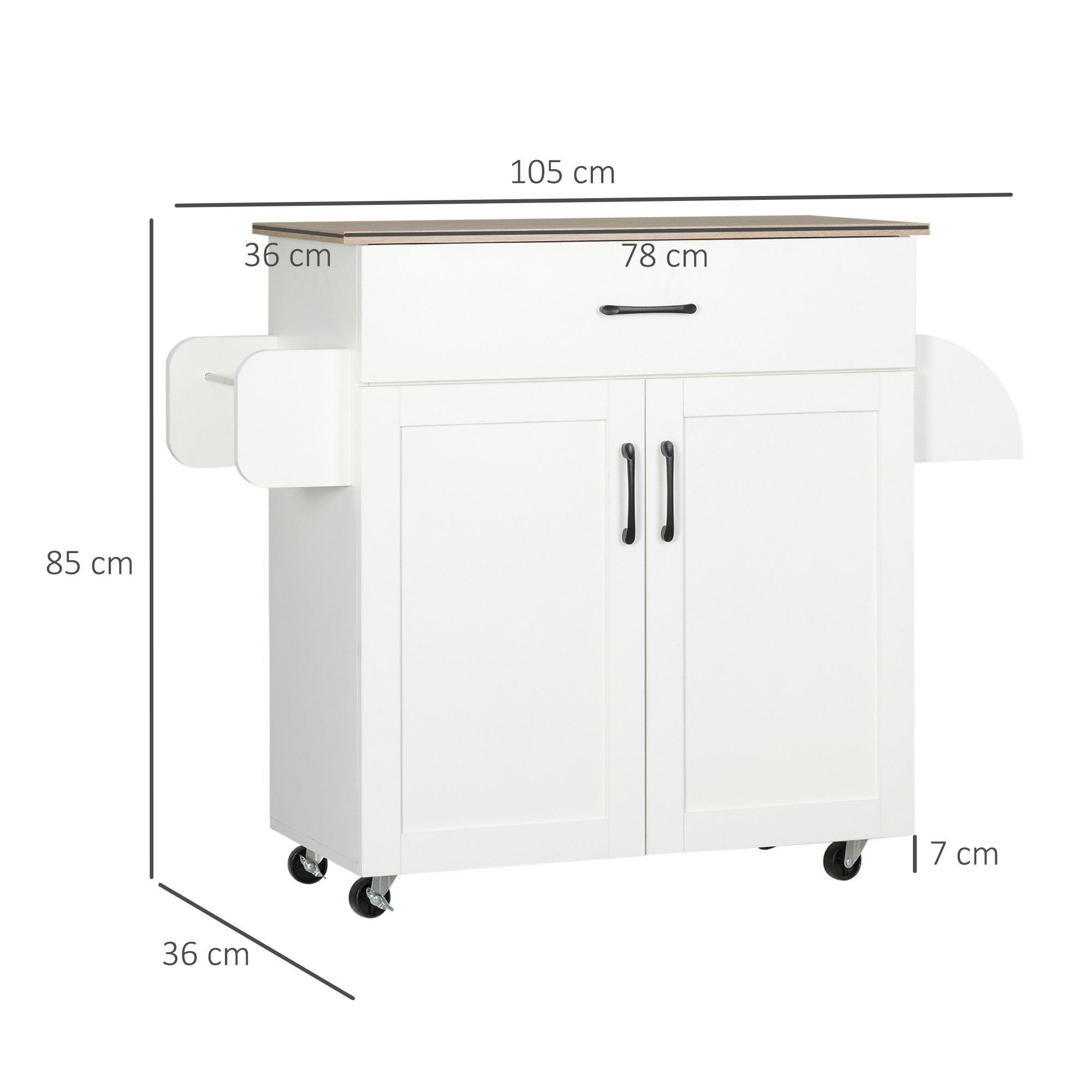 Kitchen Cart with 1 Drawer 2 Doors Towel Rail and Spice Rack Serving Trolley with Wheels for Dining Room Living Room Bar Load 80 kg 105x36x85 cm White