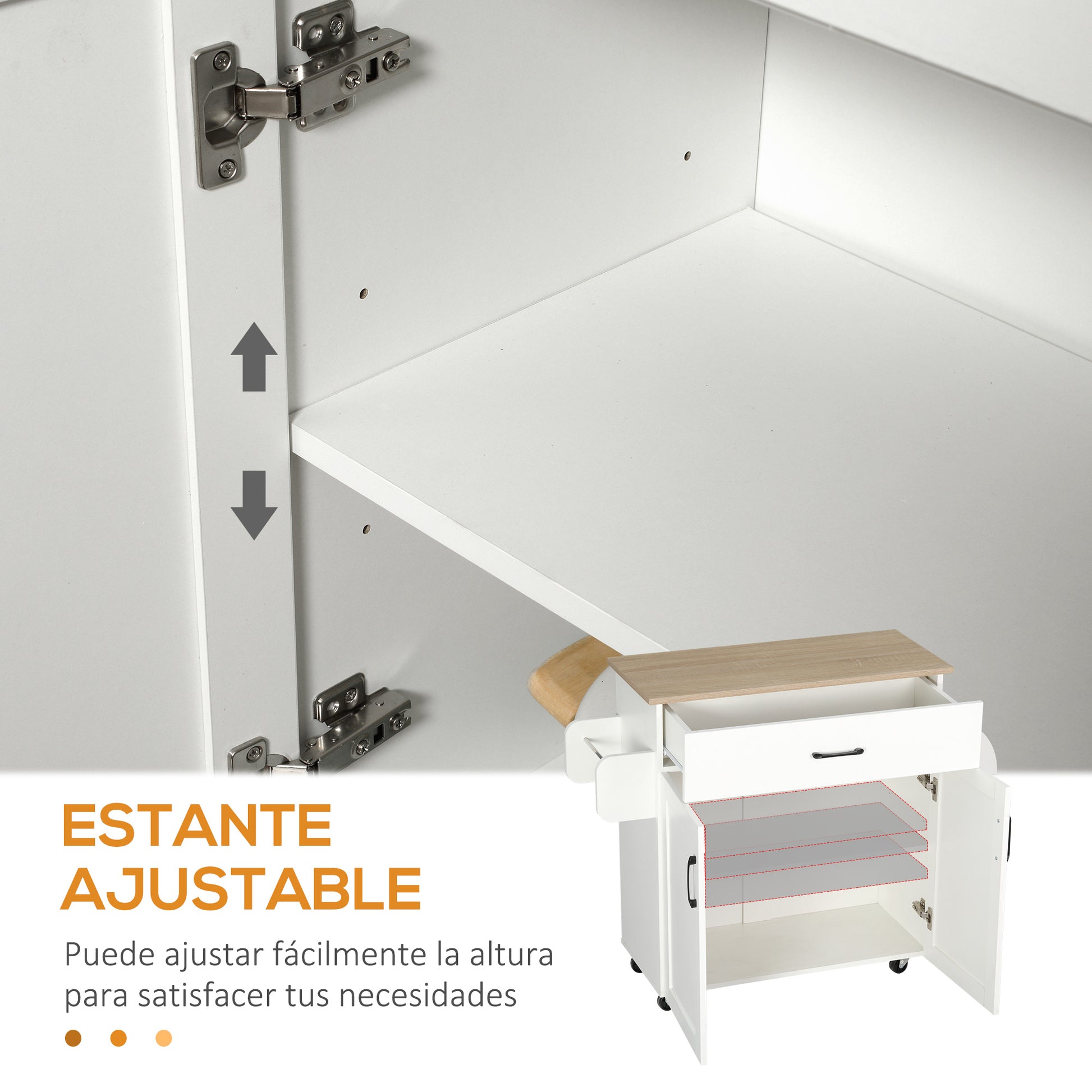 Kitchen Cart with 1 Drawer 2 Doors Towel Rail and Spice Rack Serving Trolley with Wheels for Dining Room Living Room Bar Load 80 kg 105x36x85 cm White