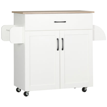 Kitchen Cart with 1 Drawer 2 Doors Towel Rail and Spice Rack Serving Trolley with Wheels for Dining Room Living Room Bar Load 80 kg 105x36x85 cm White