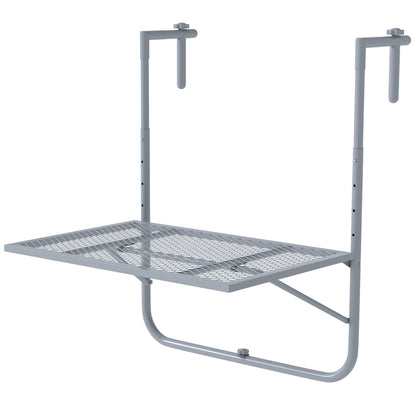 Foldable Hanging Balcony Table – 4-Position Height-Adjustable Metal Clamp-On Railing Table, Weather-Resistant, 23.6 x 15.7 in (60 x 40 cm), Gray