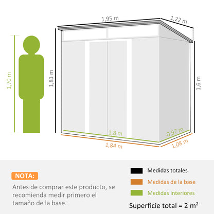 2m² Garden Shed 195x122x181.5 cm Metal Outdoor Shed with Floorless Base Sliding Door 2 Windows and Anti-UV for Storing Tools on Terrace Patio Dark Gray