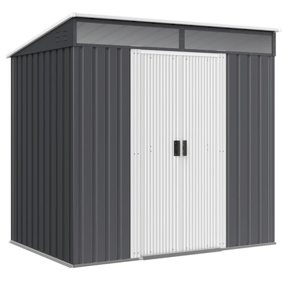 2m² Garden Shed 195x122x181.5 cm Metal Outdoor Shed with Floorless Base Sliding Door 2 Windows and Anti-UV for Storing Tools on Terrace Patio Dark Gray