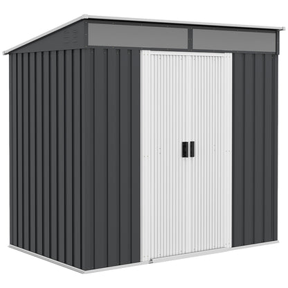 2m² Garden Shed 195x122x181.5 cm Metal Outdoor Shed with Floorless Base Sliding Door 2 Windows and Anti-UV for Storing Tools on Terrace Patio Dark Gray