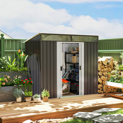 2m² Garden Shed 195x122x181.5 cm Metal Outdoor Shed with Floorless Base Sliding Door 2 Windows and Anti-UV for Storing Tools on Terrace Patio Dark Gray