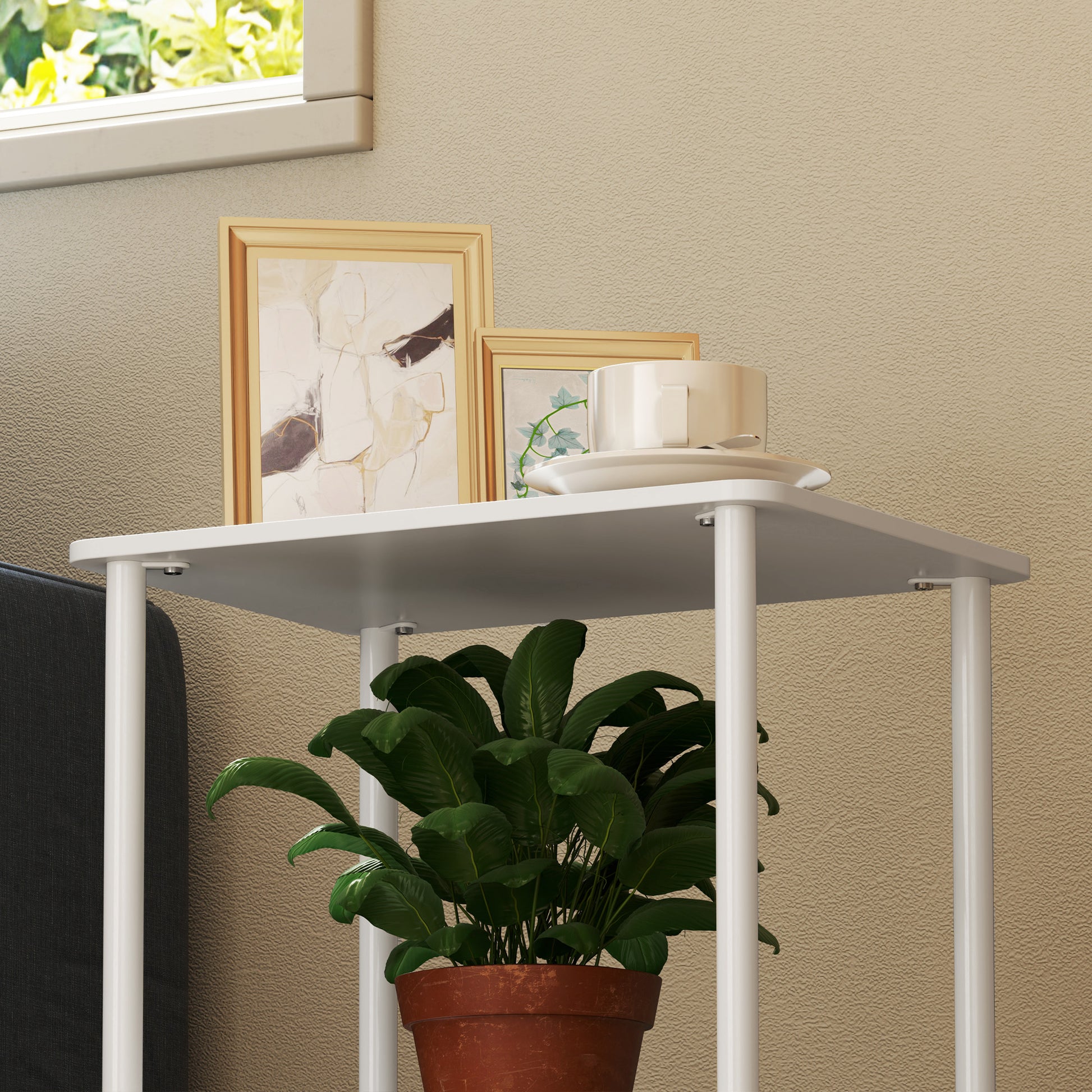 Side Table Square Coffee Table with 2 Levels, End Table with Metal Frame, Modern Living Room Table Sofa Table for Living Room Bedroom 40cm x 30cm x 52.2cm White