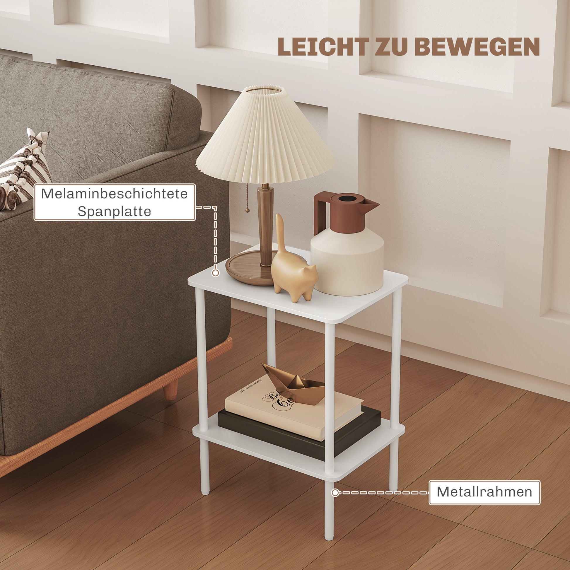 Side Table Square Coffee Table with 2 Levels, End Table with Metal Frame, Modern Living Room Table Sofa Table for Living Room Bedroom 40cm x 30cm x 52.2cm White