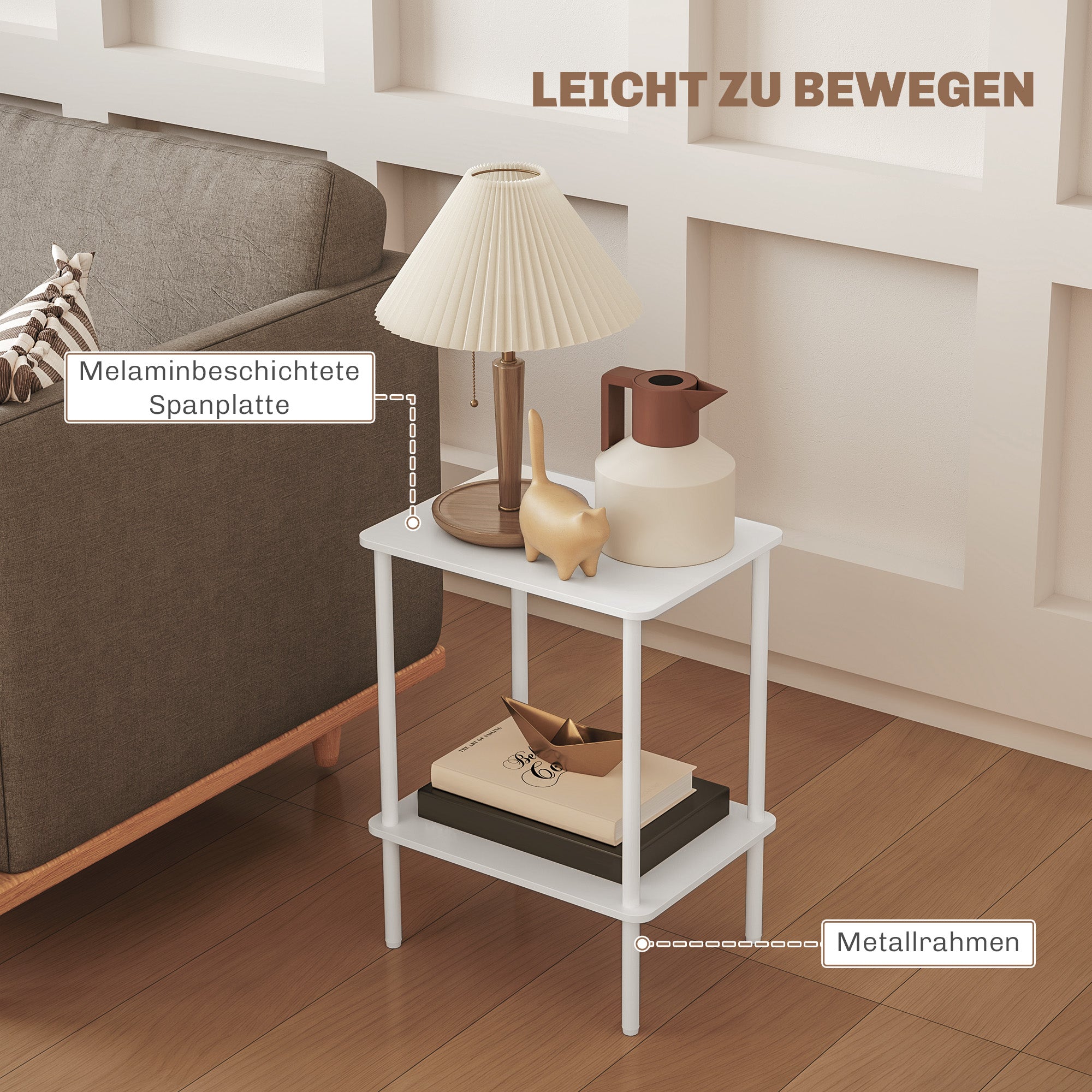 Side Table Square Coffee Table with 2 Levels, End Table with Metal Frame, Modern Living Room Table Sofa Table for Living Room Bedroom 40cm x 30cm x 52.2cm White