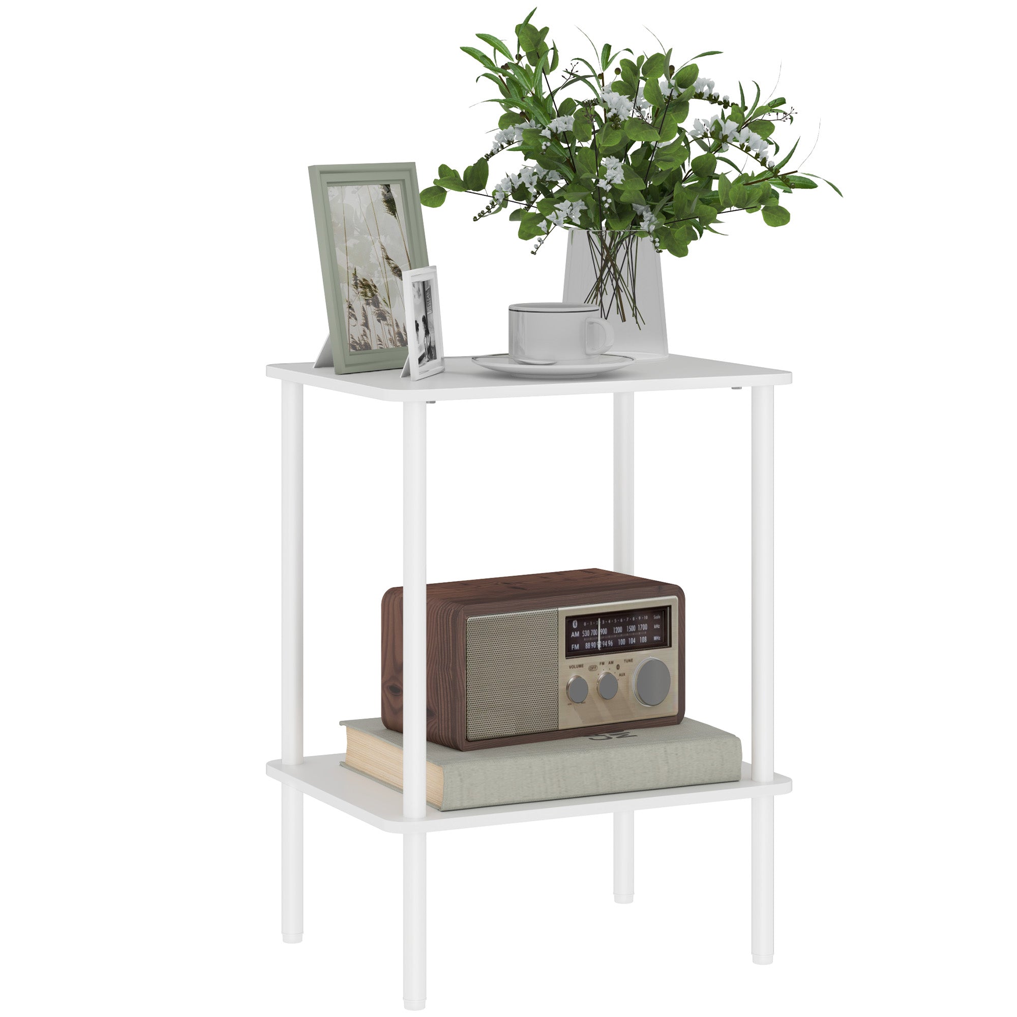 Side Table Square Coffee Table with 2 Levels, End Table with Metal Frame, Modern Living Room Table Sofa Table for Living Room Bedroom 40cm x 30cm x 52.2cm White