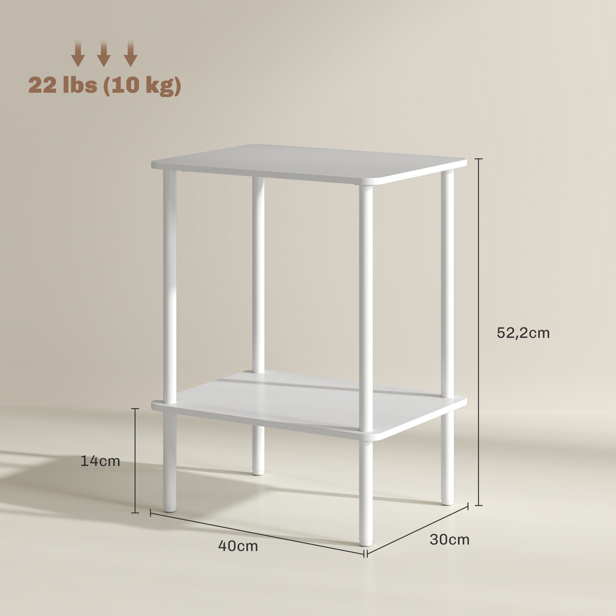 Side Table Square Coffee Table with 2 Levels, End Table with Metal Frame, Modern Living Room Table Sofa Table for Living Room Bedroom 40cm x 30cm x 52.2cm White