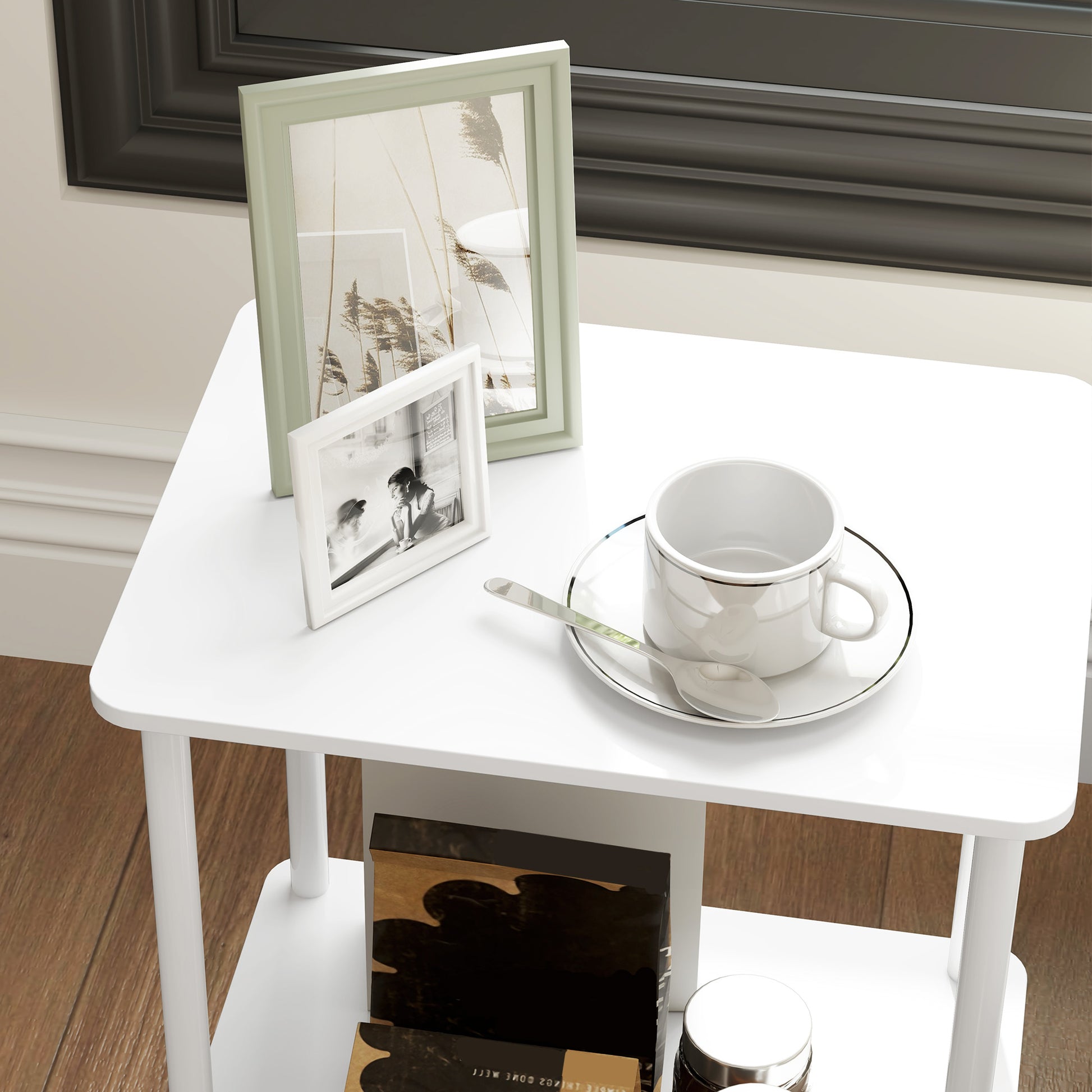Side Table Square Coffee Table with 2 Levels, End Table with Metal Frame, Modern Living Room Table Sofa Table for Living Room Bedroom 40cm x 30cm x 52.2cm White
