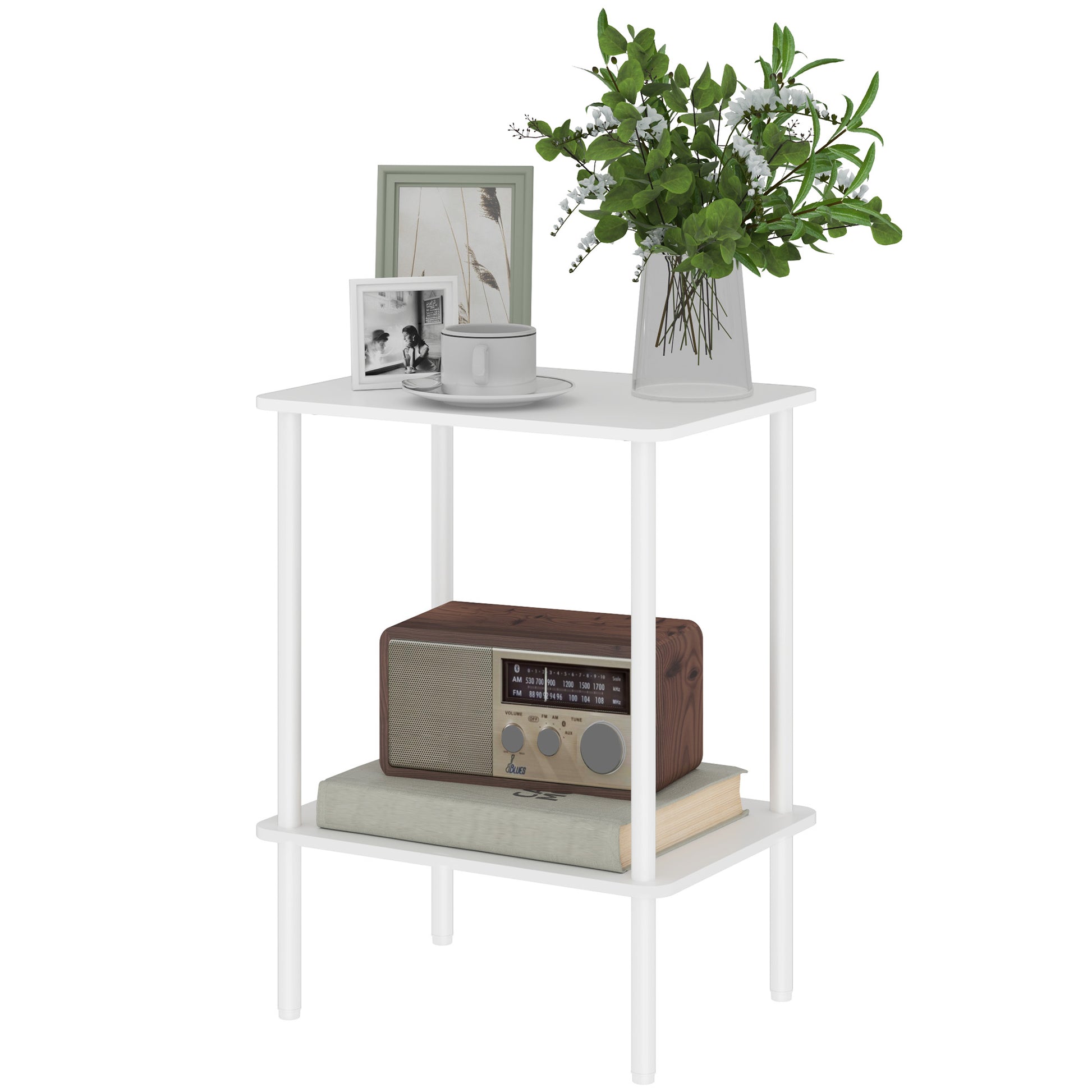 Side Table Square Coffee Table with 2 Levels, End Table with Metal Frame, Modern Living Room Table Sofa Table for Living Room Bedroom 40cm x 30cm x 52.2cm White