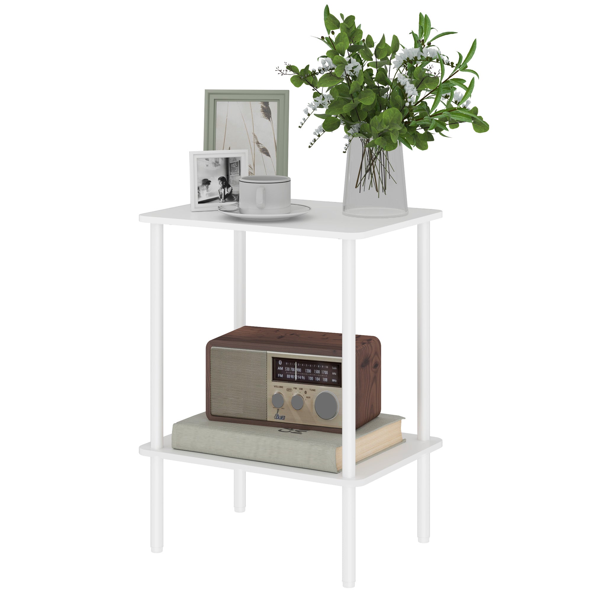 Side Table Square Coffee Table with 2 Levels, End Table with Metal Frame, Modern Living Room Table Sofa Table for Living Room Bedroom 40cm x 30cm x 52.2cm White