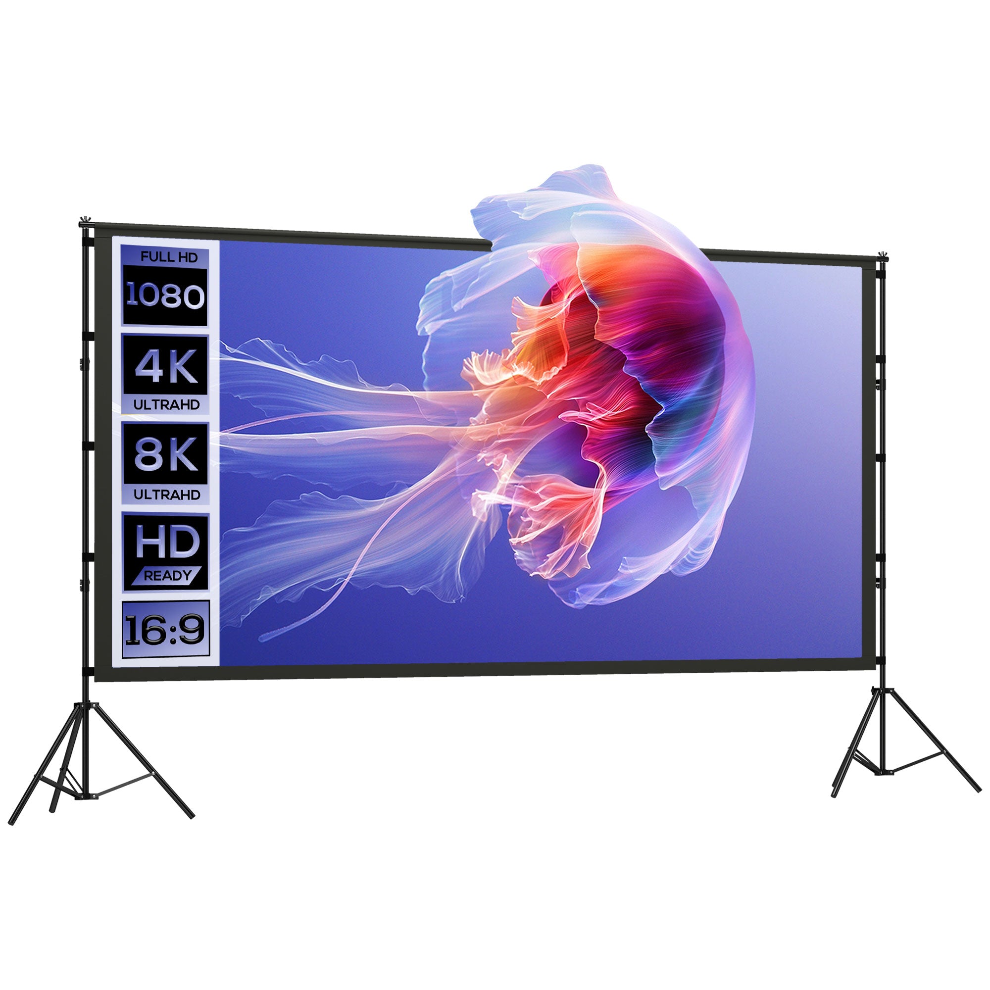 120-inch 16:9 Portable Projection Screen with Dual Tripods, 4K/8K Compatible — 309 x 62 x 217 cm (121.7 x 24.4 x 85.4 in), Double-sided Fabric, 160° Viewing Angle — Home Theater, Office, Travel