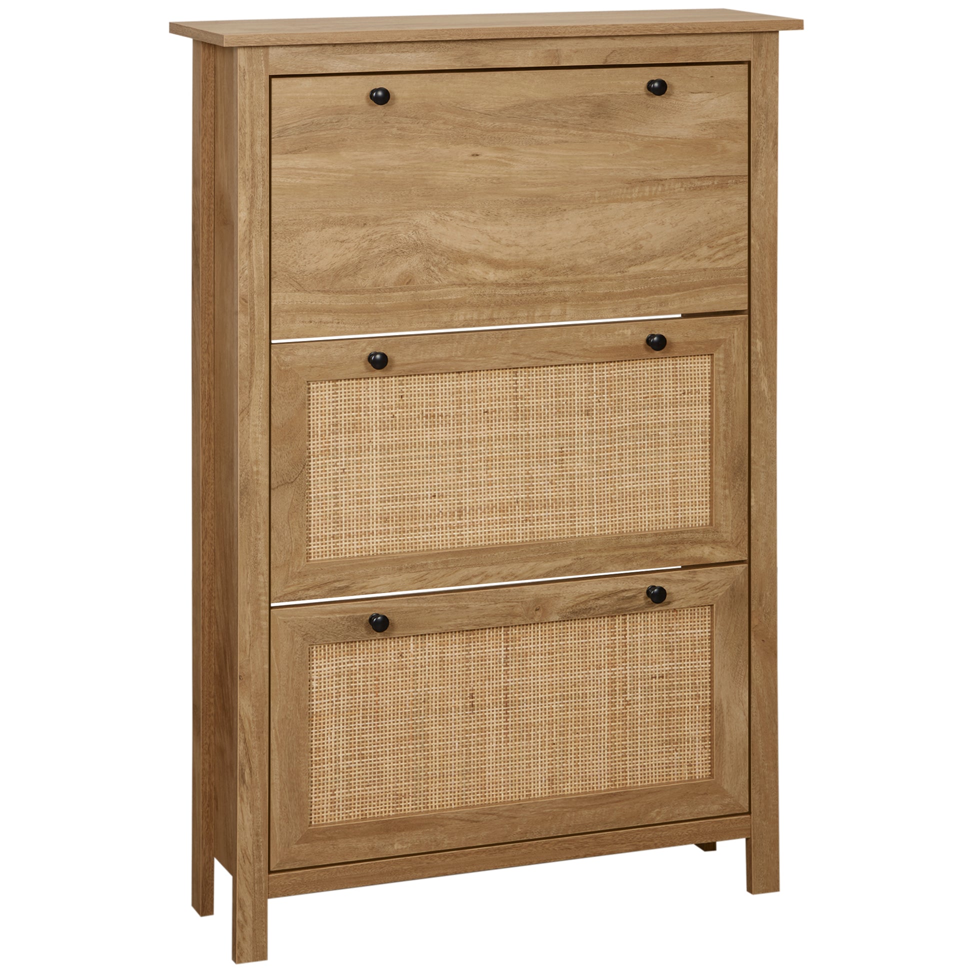 Entryway Shoe Cabinet, Shoe Storage with 3 Drawers with Folding Cane Rattan Doors and Adjustable Shelf, Entryway and Hallway Furniture for 18 Pairs - 80 x 23.5 x 121.5 cm Natural Wood