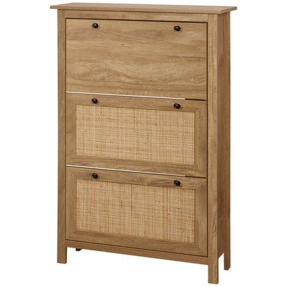 Entryway Shoe Cabinet, Shoe Storage with 3 Drawers with Folding Cane Rattan Doors and Adjustable Shelf, Entryway and Hallway Furniture for 18 Pairs - 80 x 23.5 x 121.5 cm Natural Wood