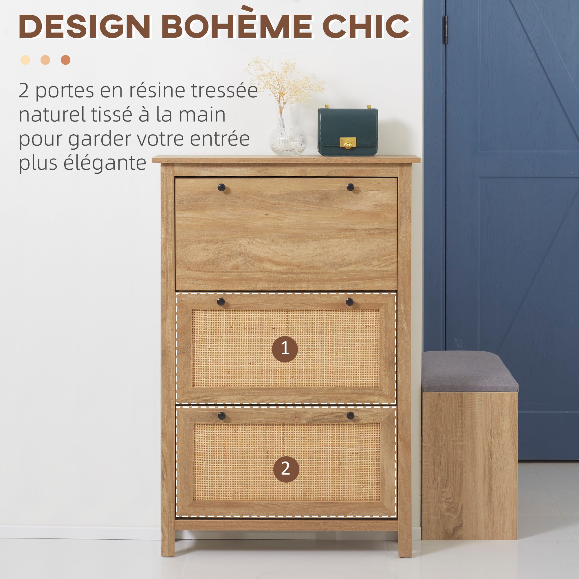 Entryway Shoe Cabinet, Shoe Storage with 3 Drawers with Folding Cane Rattan Doors and Adjustable Shelf, Entryway and Hallway Furniture for 18 Pairs - 80 x 23.5 x 121.5 cm Natural Wood