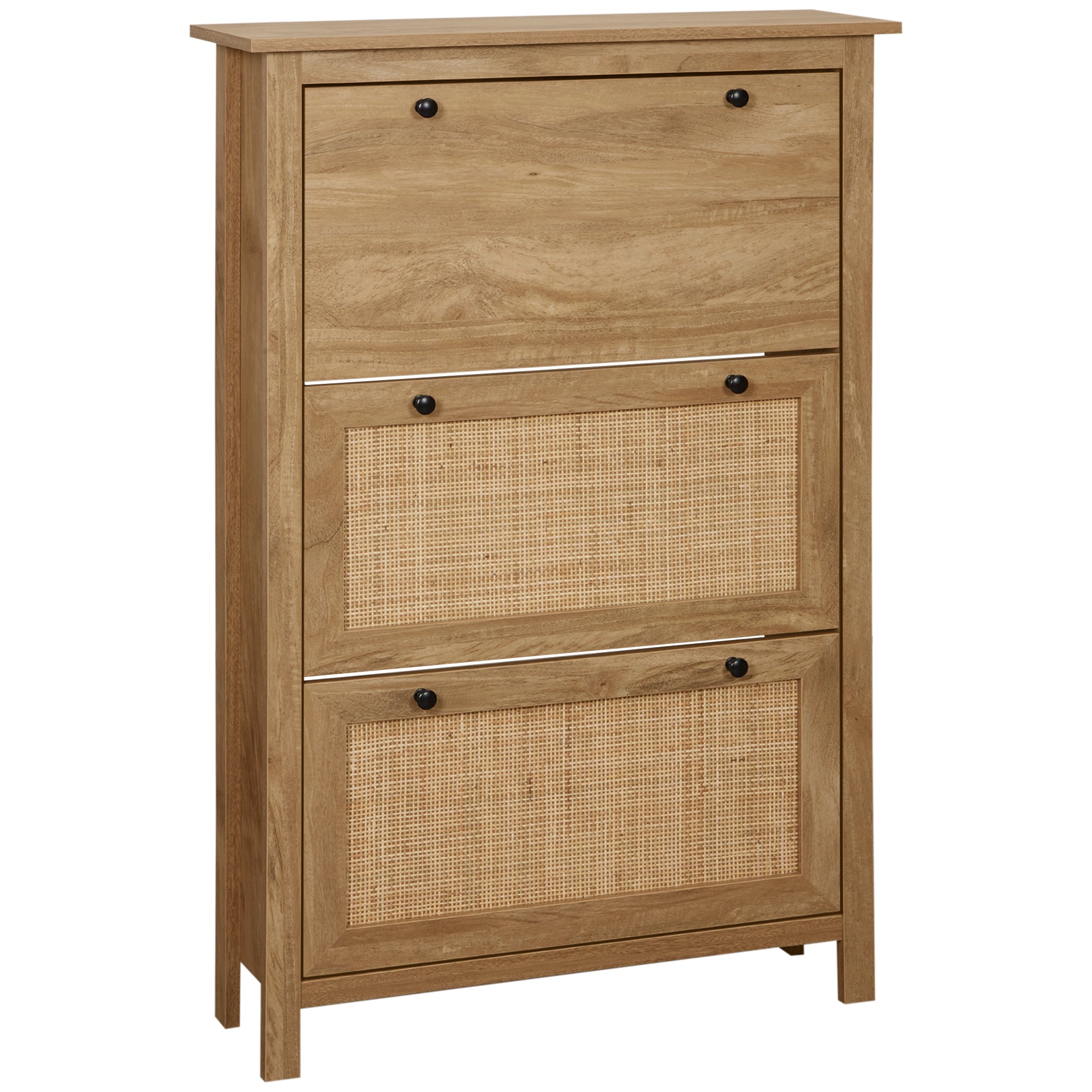 Entryway Shoe Cabinet, Shoe Storage with 3 Drawers with Folding Cane Rattan Doors and Adjustable Shelf, Entryway and Hallway Furniture for 18 Pairs - 80 x 23.5 x 121.5 cm Natural Wood