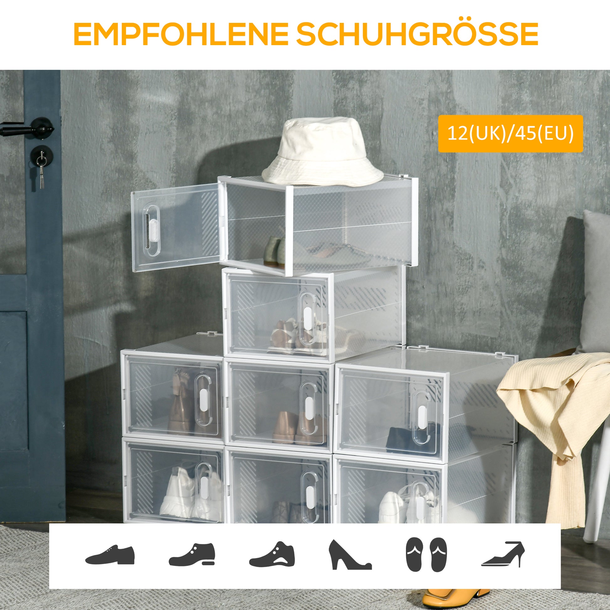 8-Piece Shoe Boxes Set, Shoe Organizer with Magnetic Doors, Shoe Box with Lid, Plastic Shoe Storage for Shoes up to Size 45, Transparent+White