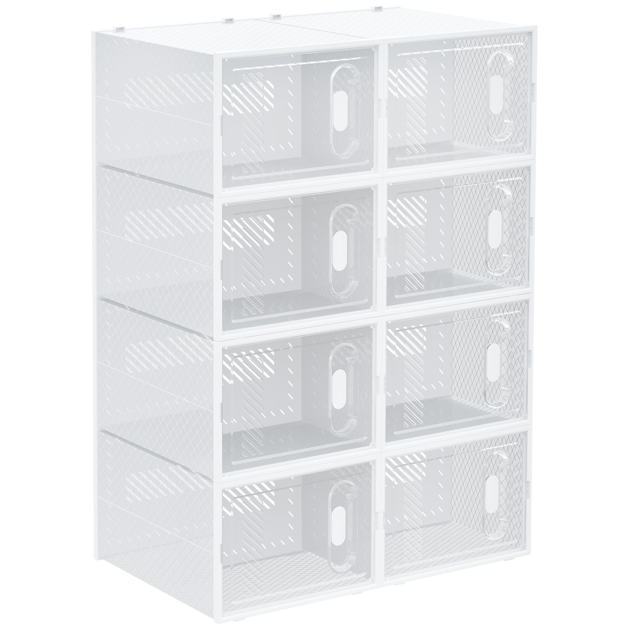 8-Piece Shoe Boxes Set, Shoe Organizer with Magnetic Doors, Shoe Box with Lid, Plastic Shoe Storage for Shoes up to Size 45, Transparent+White