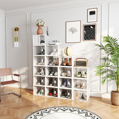 8-Piece Shoe Boxes Set, Shoe Organizer with Magnetic Doors, Shoe Box with Lid, Plastic Shoe Storage for Shoes up to Size 45, Transparent+White