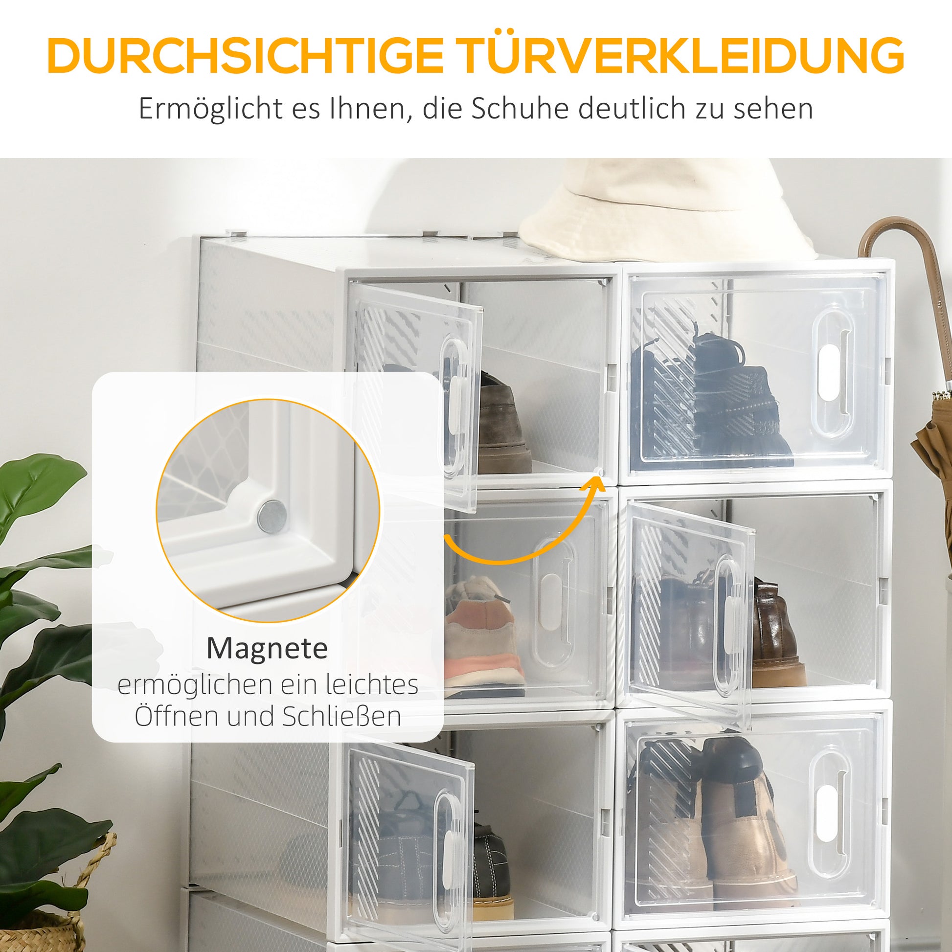 8-Piece Shoe Boxes Set, Shoe Organizer with Magnetic Doors, Shoe Box with Lid, Plastic Shoe Storage for Shoes up to Size 45, Transparent+White