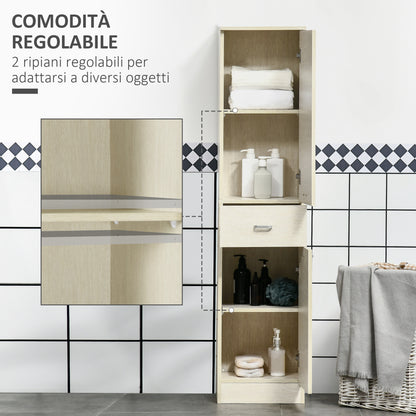 Wooden Bathroom Cabinet with 2 Cabinets, Central Drawer, and Adjustable Shelves, 34x34x150cm, Wood Color