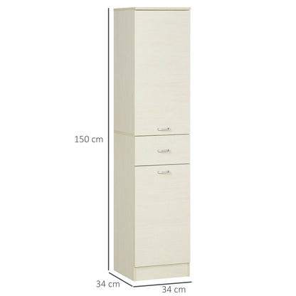 Wooden Bathroom Cabinet with 2 Cabinets, Central Drawer, and Adjustable Shelves, 34x34x150cm, Wood Color