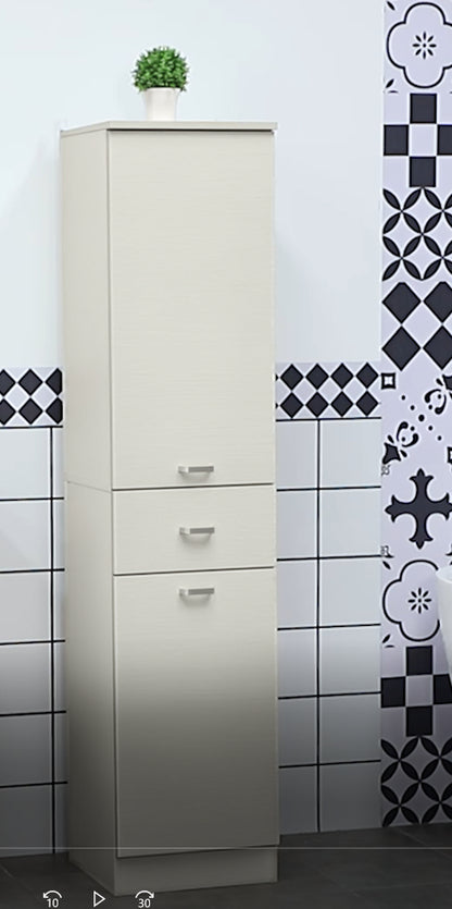 Wooden Bathroom Cabinet with 2 Cabinets, Central Drawer, and Adjustable Shelves, 34x34x150cm, Wood Color