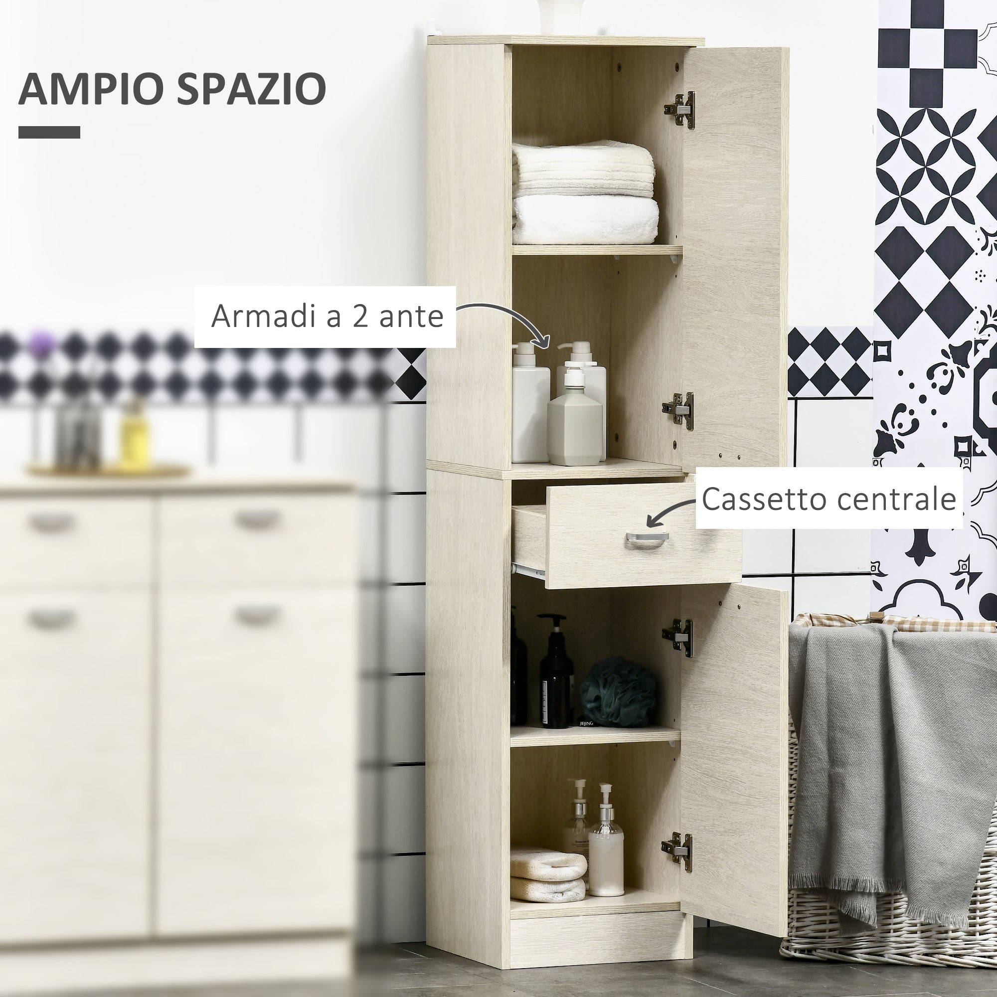Wooden Bathroom Cabinet with 2 Cabinets, Central Drawer, and Adjustable Shelves, 34x34x150cm, Wood Color