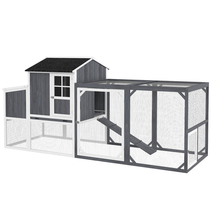 Chicken Coop, 236.5 x 91 x 114 cm Chicken Run with Nesting Box, Outdoor Run, Chicken House Made of Wood with 2 Perches, Waterproof Paint, for 3-4 Chickens, Gray
