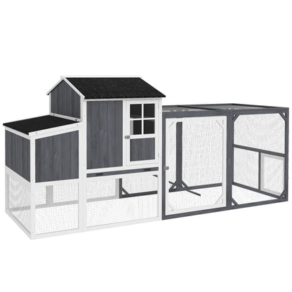 Chicken Coop, 236.5 x 91 x 114 cm Chicken Run with Nesting Box, Outdoor Run, Chicken House Made of Wood with 2 Perches, Waterproof Paint, for 3-4 Chickens, Gray