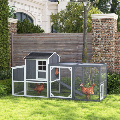 Chicken Coop, 236.5 x 91 x 114 cm Chicken Run with Nesting Box, Outdoor Run, Chicken House Made of Wood with 2 Perches, Waterproof Paint, for 3-4 Chickens, Gray