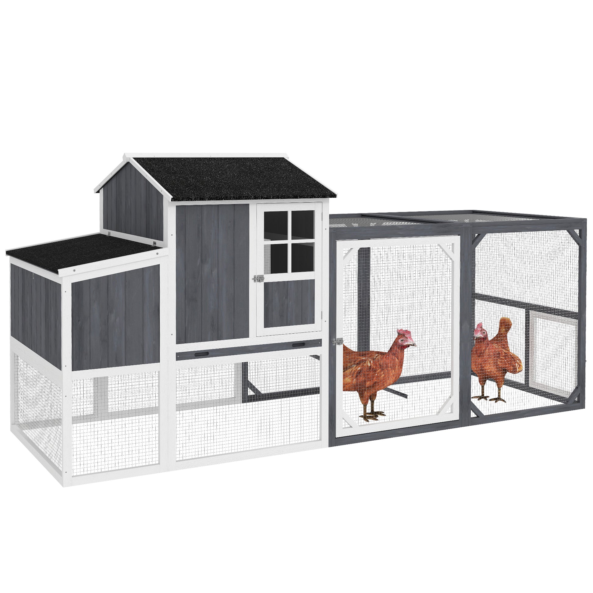Chicken Coop, 236.5 x 91 x 114 cm Chicken Run with Nesting Box, Outdoor Run, Chicken House Made of Wood with 2 Perches, Waterproof Paint, for 3-4 Chickens, Gray