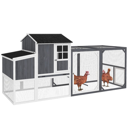 Chicken Coop, 236.5 x 91 x 114 cm Chicken Run with Nesting Box, Outdoor Run, Chicken House Made of Wood with 2 Perches, Waterproof Paint, for 3-4 Chickens, Gray