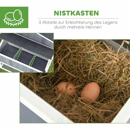 Chicken Coop, 236.5 x 91 x 114 cm Chicken Run with Nesting Box, Outdoor Run, Chicken House Made of Wood with 2 Perches, Waterproof Paint, for 3-4 Chickens, Gray