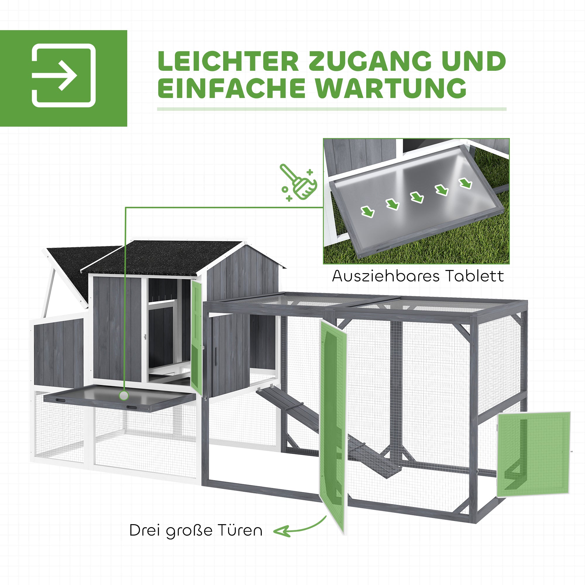 Chicken Coop, 236.5 x 91 x 114 cm Chicken Run with Nesting Box, Outdoor Run, Chicken House Made of Wood with 2 Perches, Waterproof Paint, for 3-4 Chickens, Gray