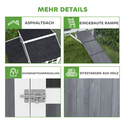 Chicken Coop, 236.5 x 91 x 114 cm Chicken Run with Nesting Box, Outdoor Run, Chicken House Made of Wood with 2 Perches, Waterproof Paint, for 3-4 Chickens, Gray