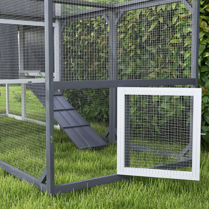 Chicken Coop, 236.5 x 91 x 114 cm Chicken Run with Nesting Box, Outdoor Run, Chicken House Made of Wood with 2 Perches, Waterproof Paint, for 3-4 Chickens, Gray