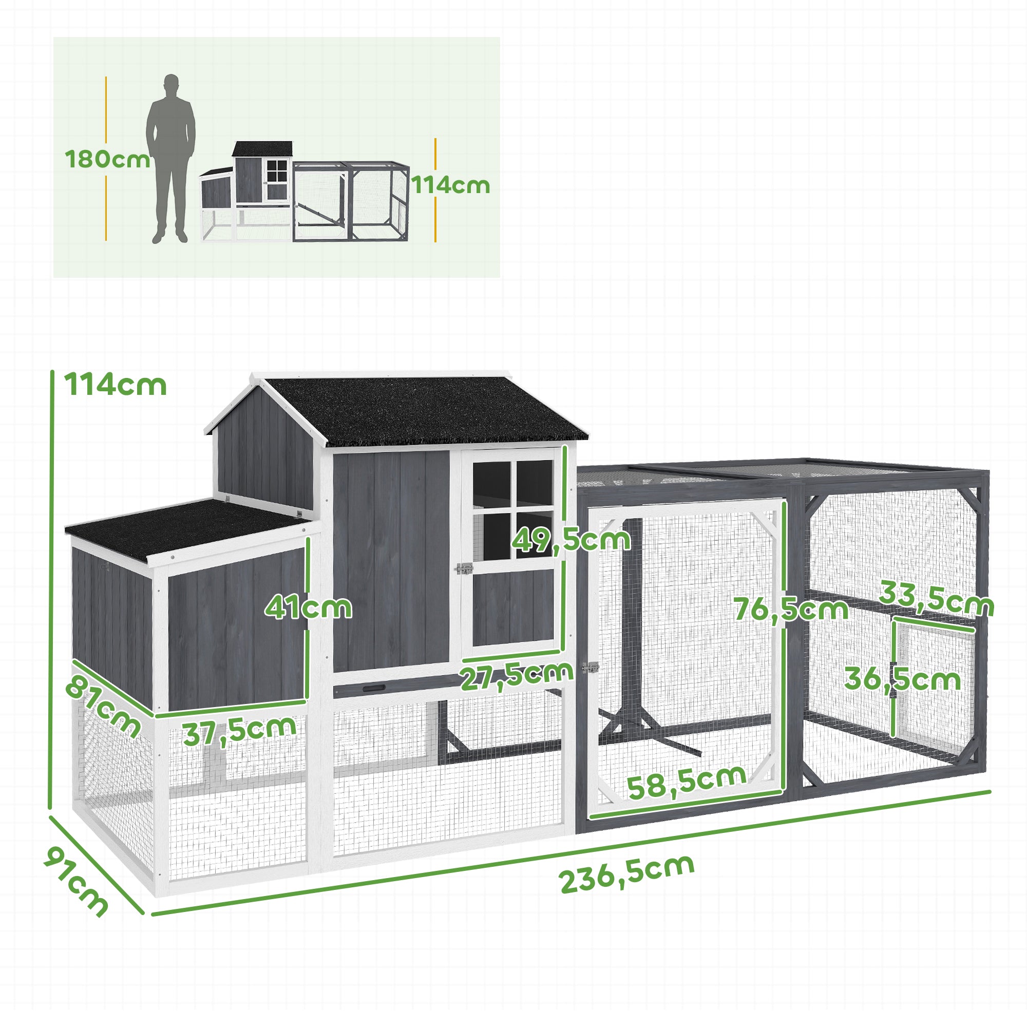 Chicken Coop, 236.5 x 91 x 114 cm Chicken Run with Nesting Box, Outdoor Run, Chicken House Made of Wood with 2 Perches, Waterproof Paint, for 3-4 Chickens, Gray