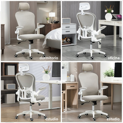 Mesh Rocking Office Chair Swivel Desk Chair with High Back Adjustable Headrest Lumbar Support 4D Foldable Armrest Height Adjustable 62x64x112-120 cm Grey
