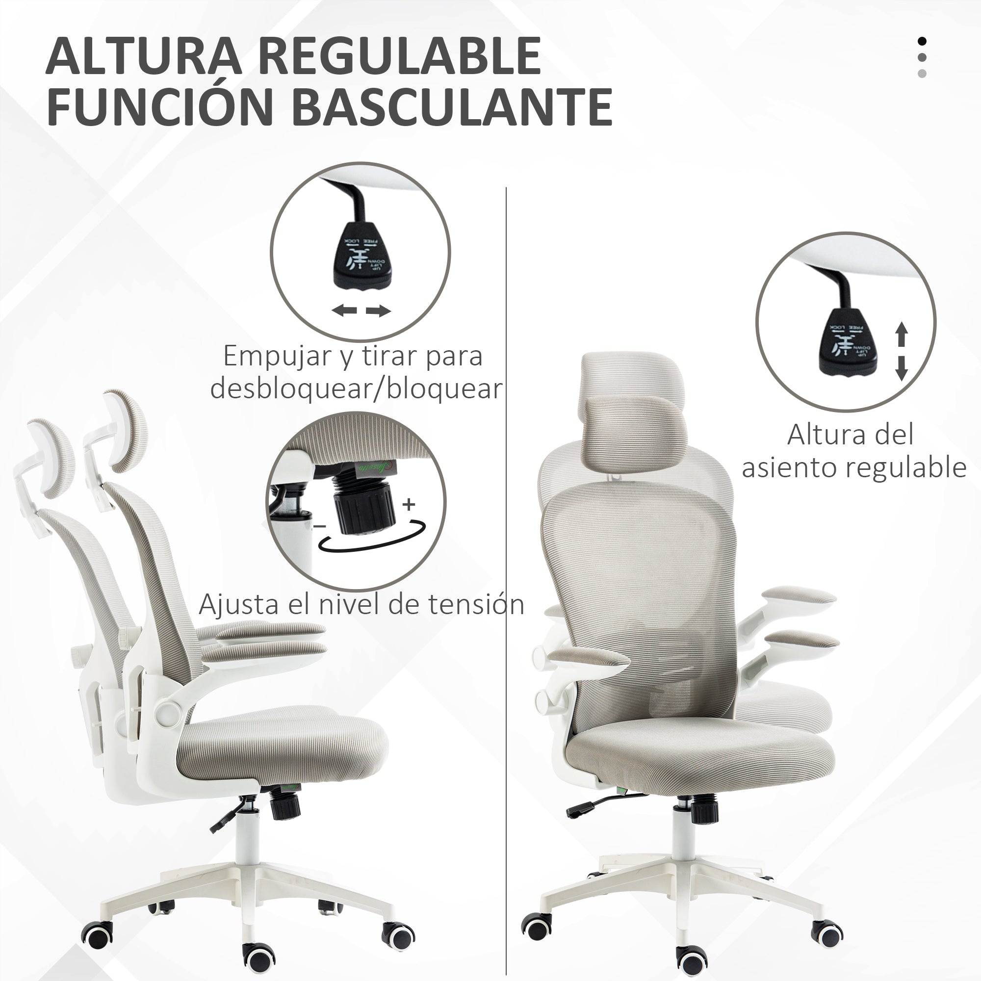 Mesh Rocking Office Chair Swivel Desk Chair with High Back Adjustable Headrest Lumbar Support 4D Foldable Armrest Height Adjustable 62x64x112-120 cm Grey